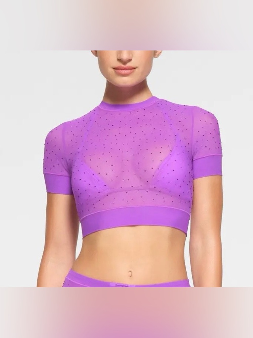 Skims Mesh Rhinestone Cover Up Cropped T Shirt Purple Size Medium